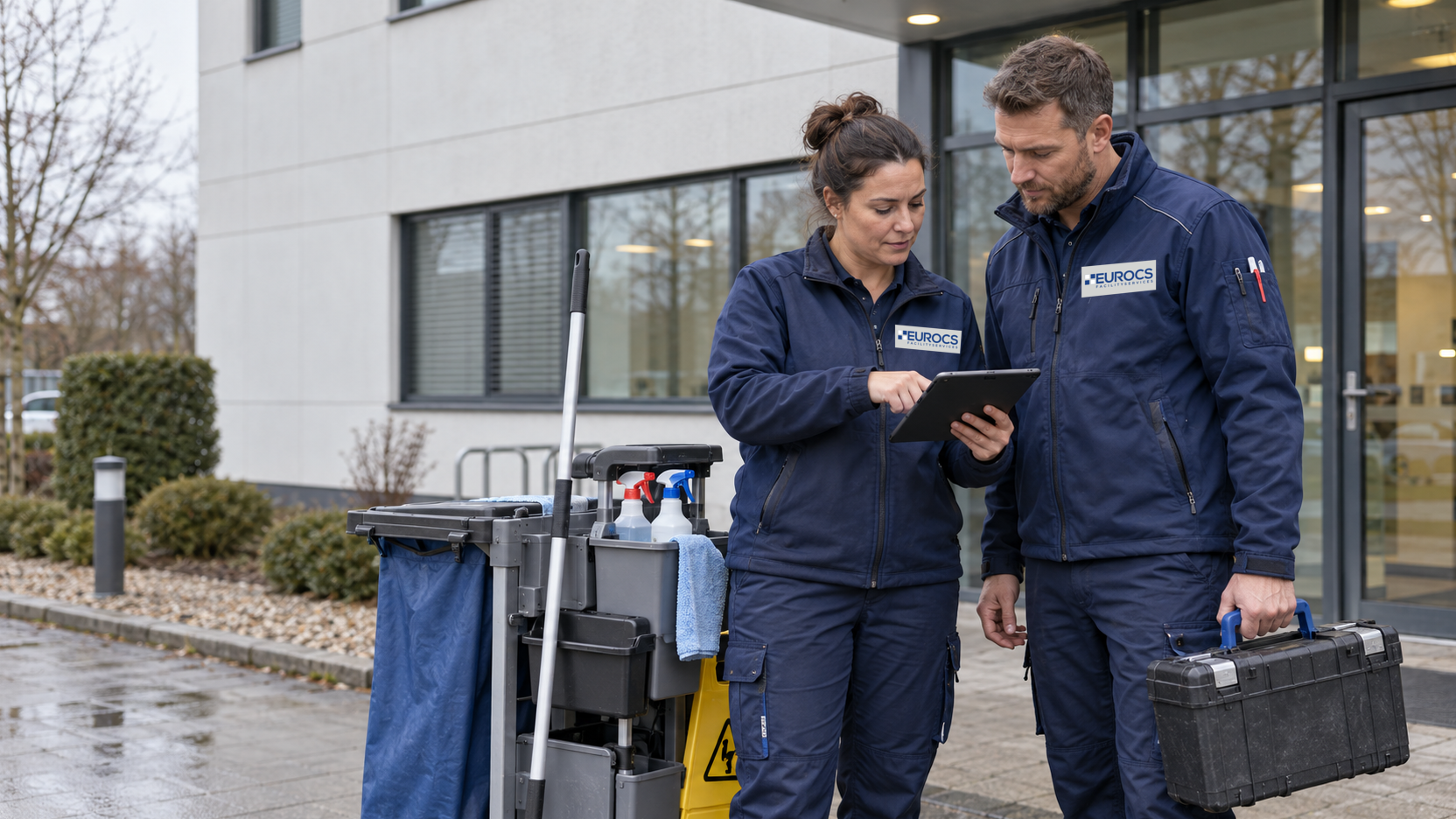 EUROCS Facilityservices Team bei der Objektbetreuung vor einem Bürogebäude